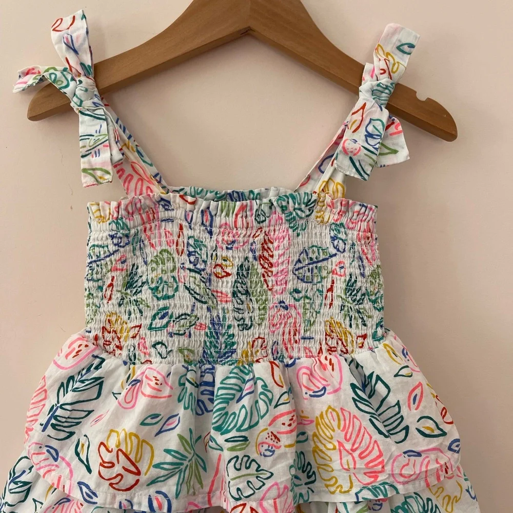 Andy & Evan White Tiered Sundress with Pink, Blue & Green Leaf Print